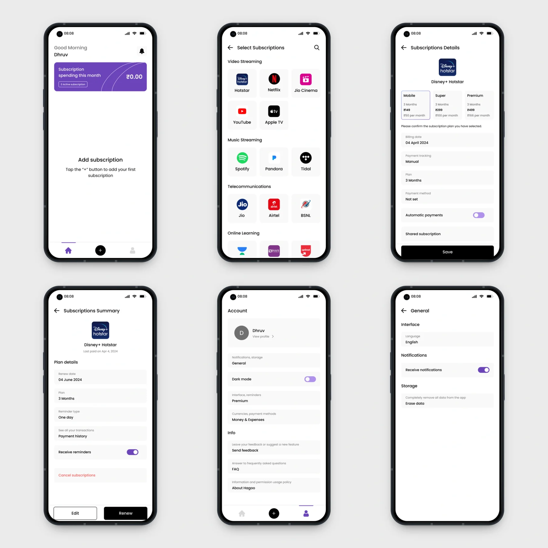 Subscription app screens: empty home, select subscriptions, subscription details, subscription summary, account and general settings